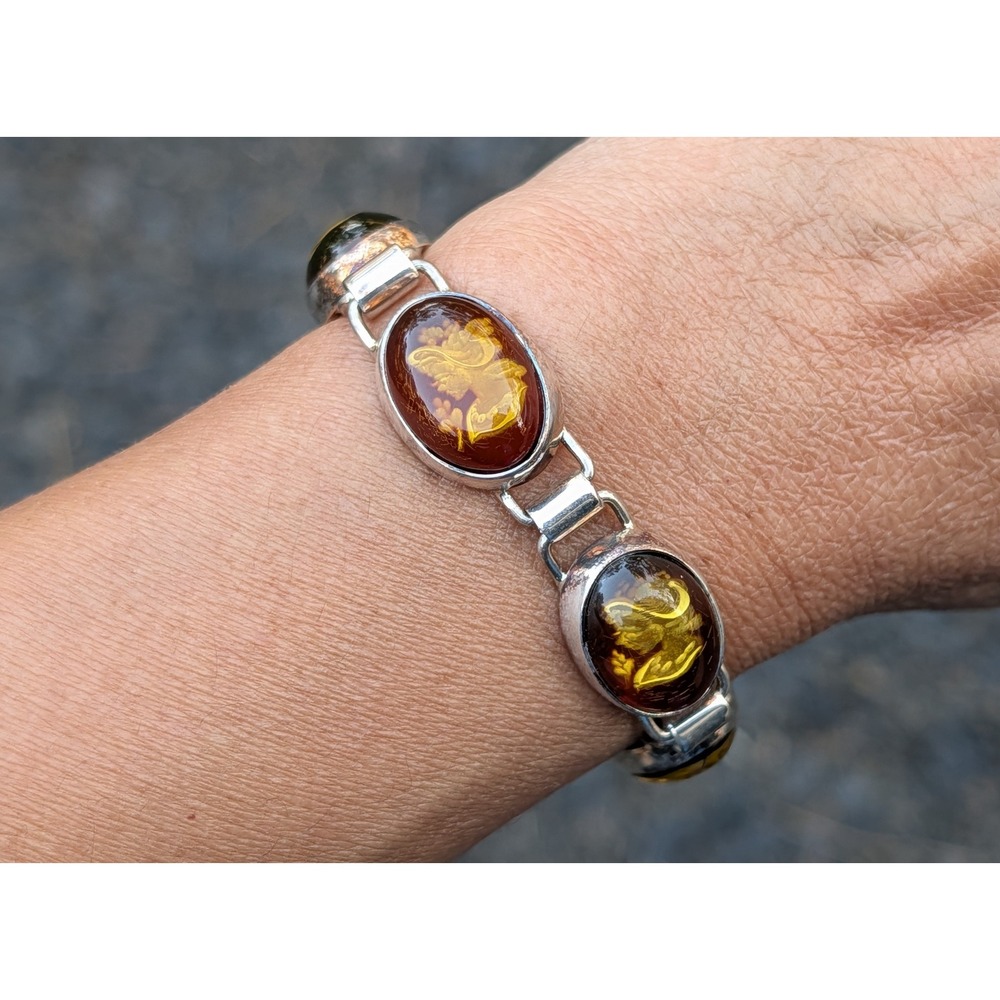 Handcrafted Cherry Amber Bracelet Reverse Intaglio Cameo‎ Sterling Silver ***